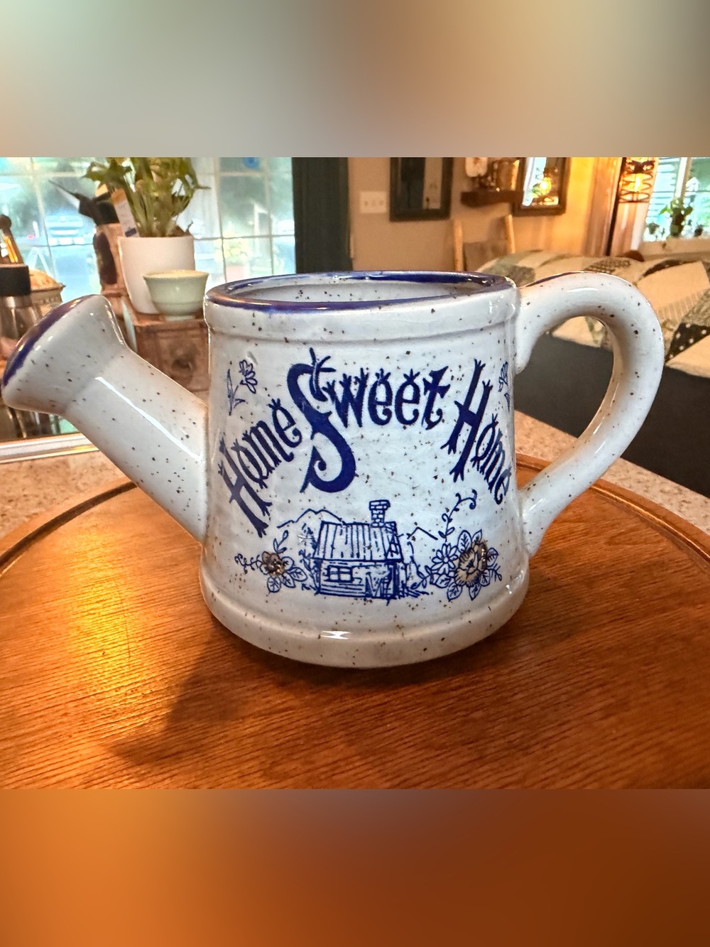 Vintage Speckled Blue and White Ceramic 'Home Sweet Home' Watering Can Decor